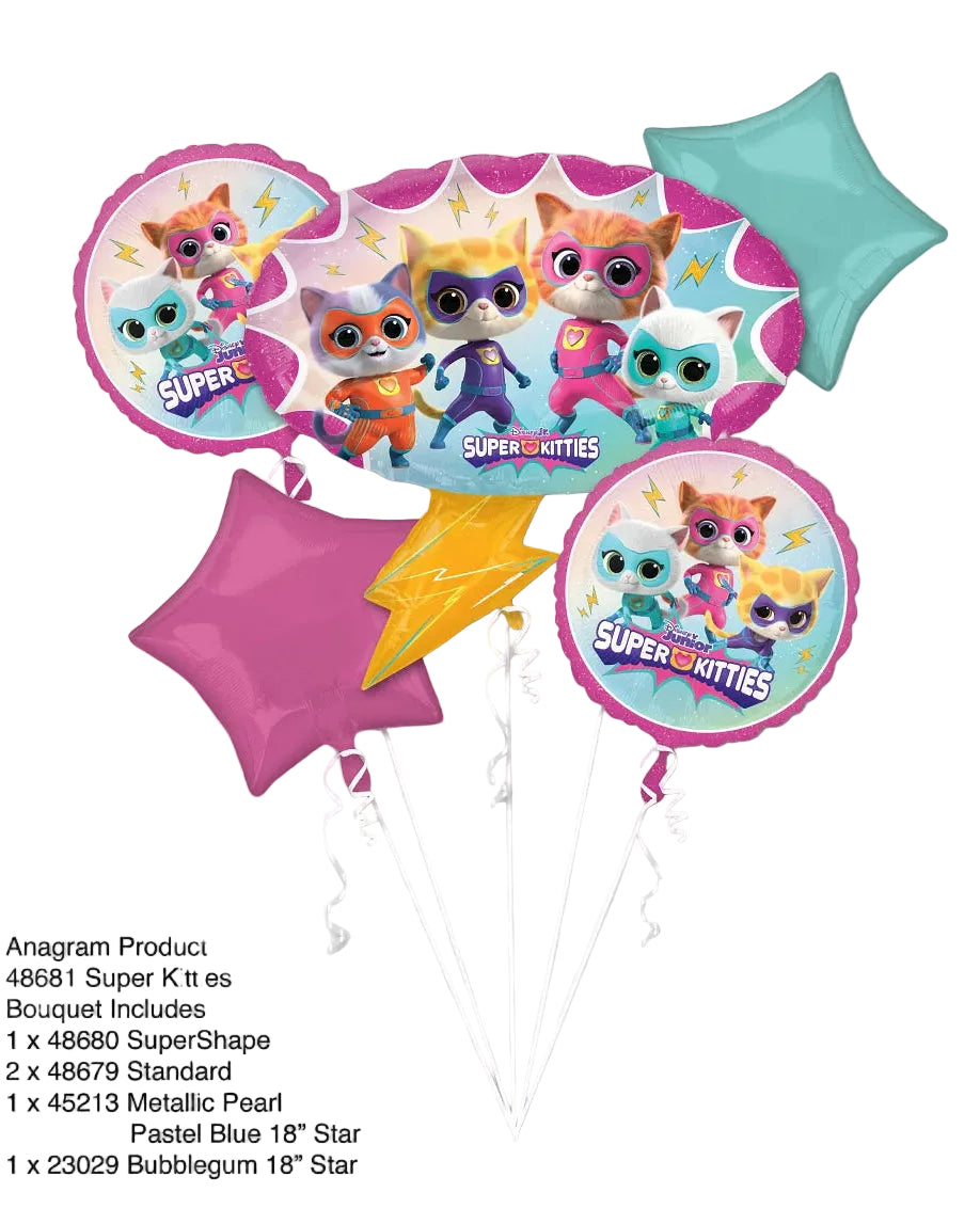 Balloon bouquet featuring Super Kitties design on a white background