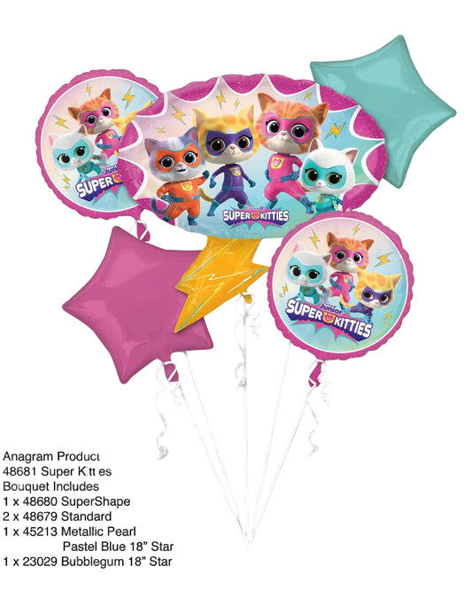 Balloon bouquet featuring Super Kitties design on a white background