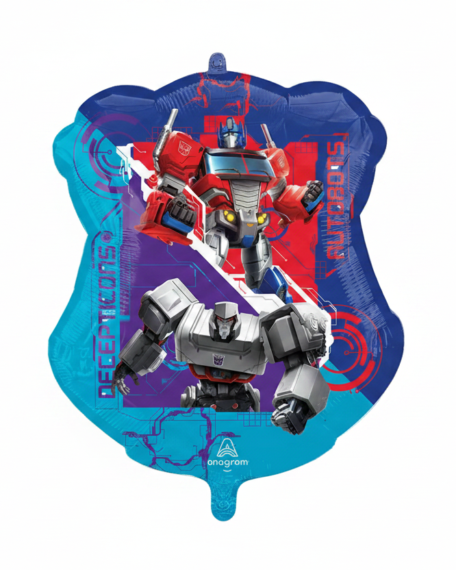 Transformers-themed balloon with Autobot characters on a blue and purple background
