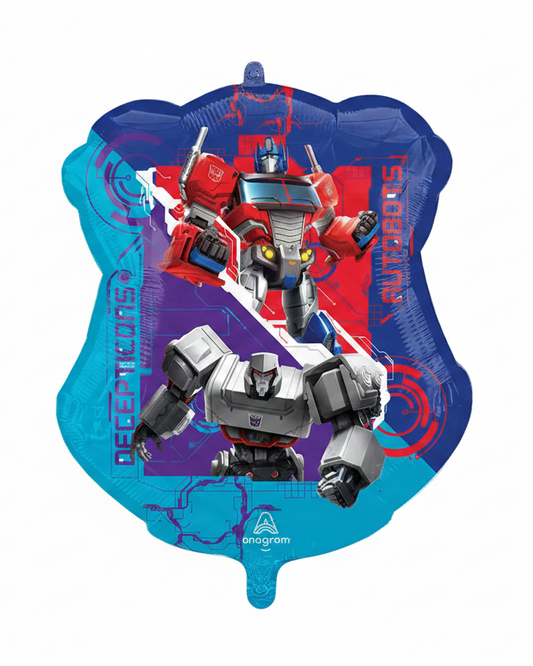 Transformers-themed balloon with Autobot characters on a blue and purple background