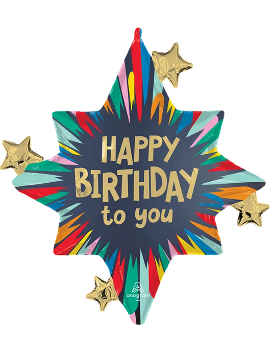 Colorful star-shaped balloon with 'Happy Birthday to you' text on a white background