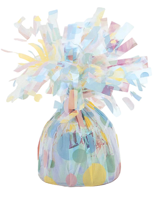Decorative paper weight with colorful confetti on a white background