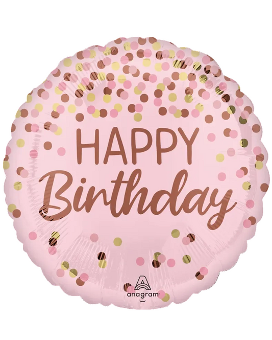 Pink birthday balloon with 'Happy Birthday' text and confetti