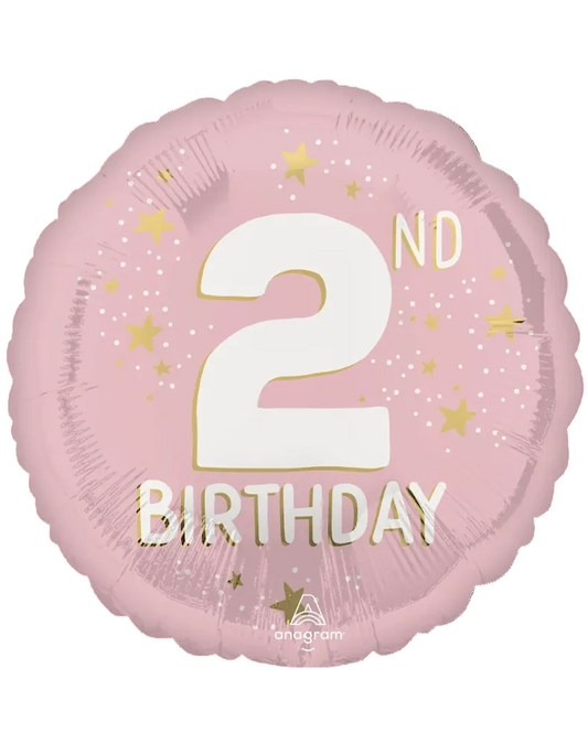 Pink balloon with '2nd Birthday' text and gold stars on a white background
