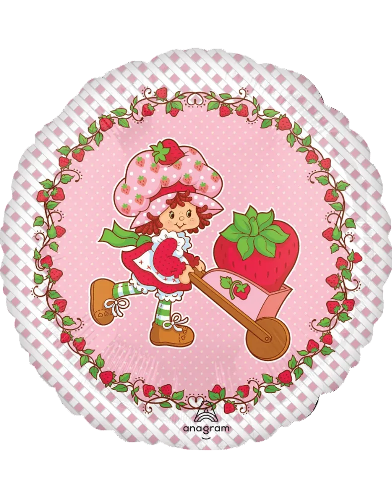 Balloon with Strawberry Shortcake design on a pink and white checkered background