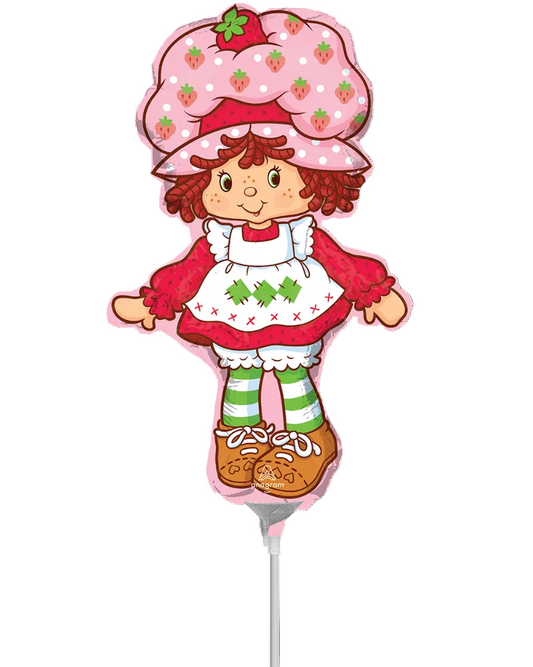 Cartoon character with a strawberry-themed hat on a stick against a white background