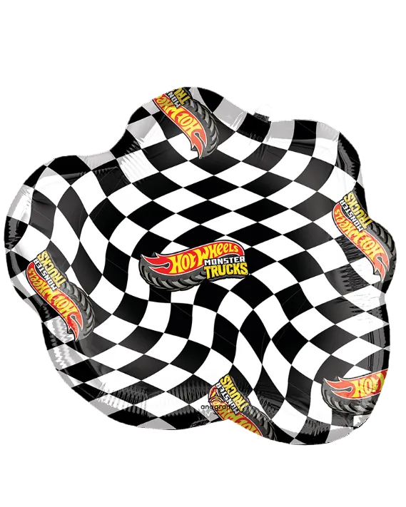 Black and white checkered pattern with Hot Wheels Monster Trucks branding on a white background