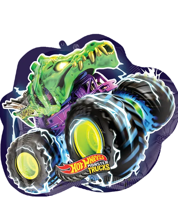 Hot Wheels Monster Trucks toy with green monster truck design on a purple background