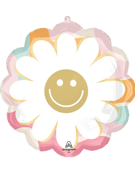 Pastel-colored flower-shaped balloon with a smiley face in the center on a white background.