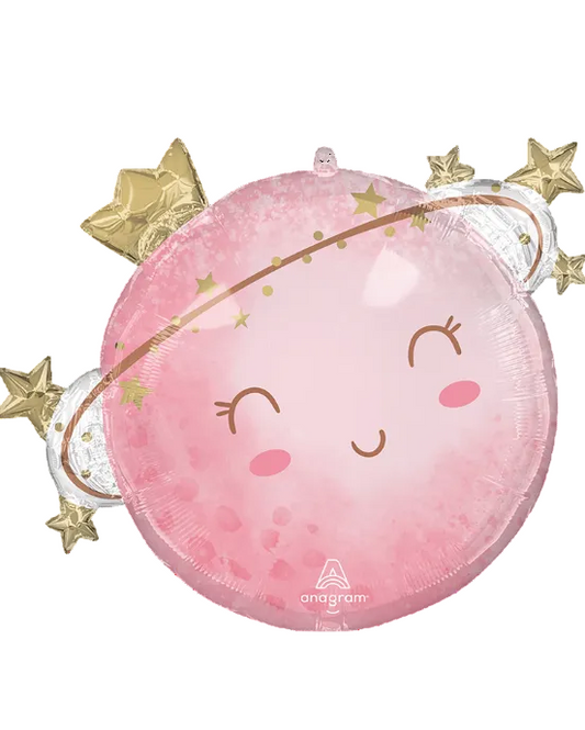 Pink balloon with a face design and gold stars, featuring the Anagram logo.