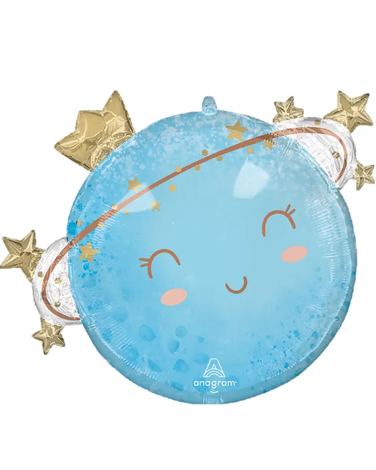 Blue balloon with a face design and gold stars, featuring the Anagram logo.