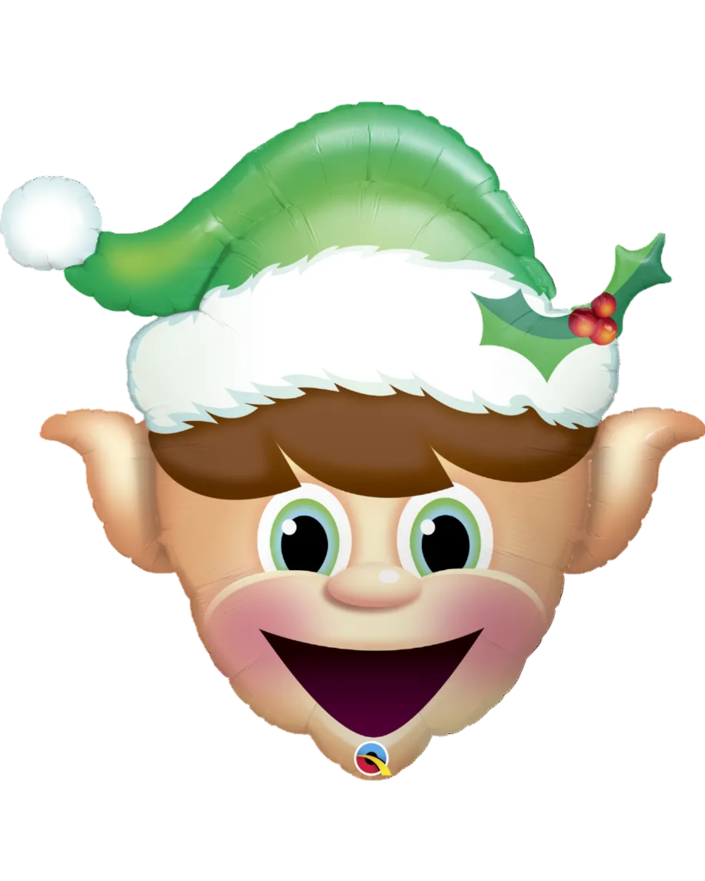 Elf face balloon with green hat and white trim on a white background