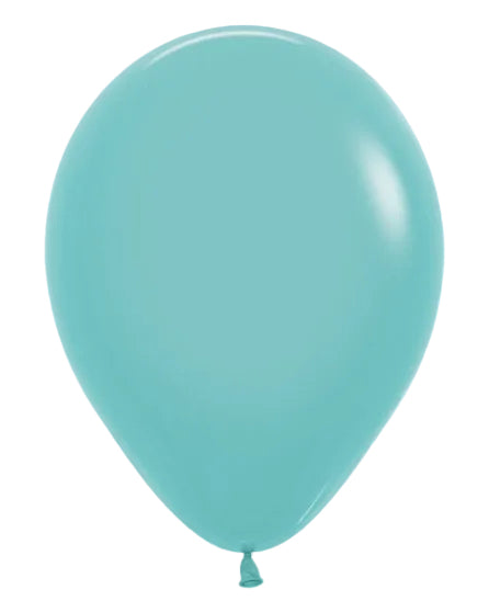 A single inflated latex balloon in a light aqua or mint green color, shown against a plain white background.