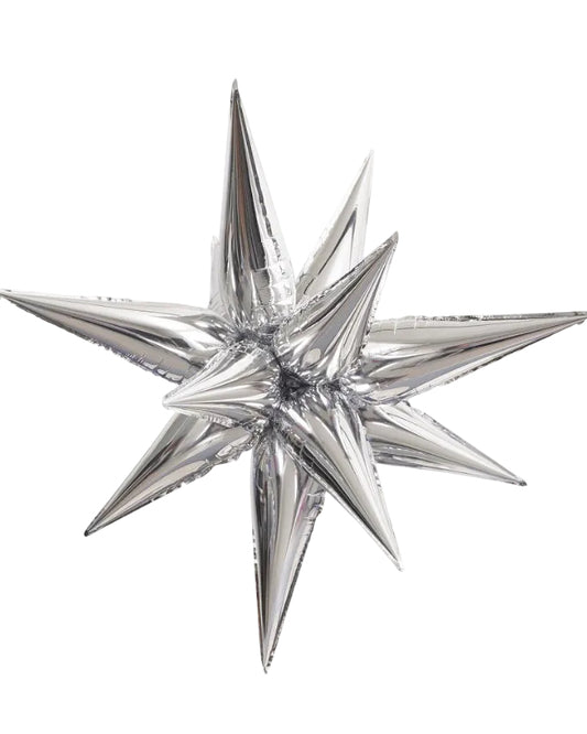 Silver star-shaped balloon on a white background
