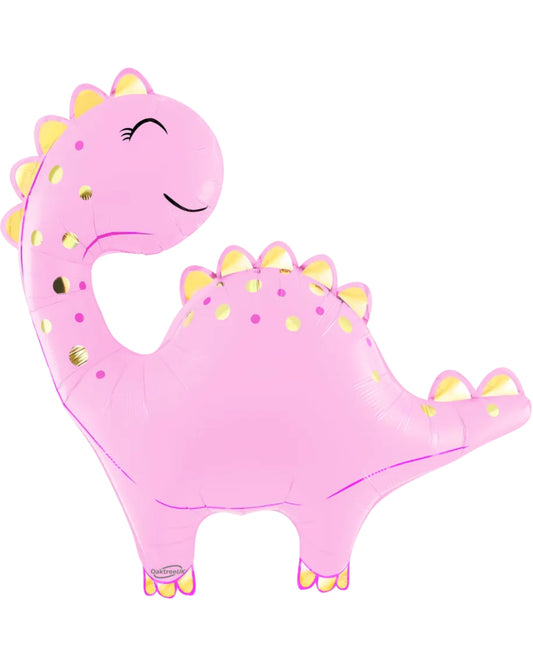 Pink dinosaur-shaped balloon with yellow spots on a white background