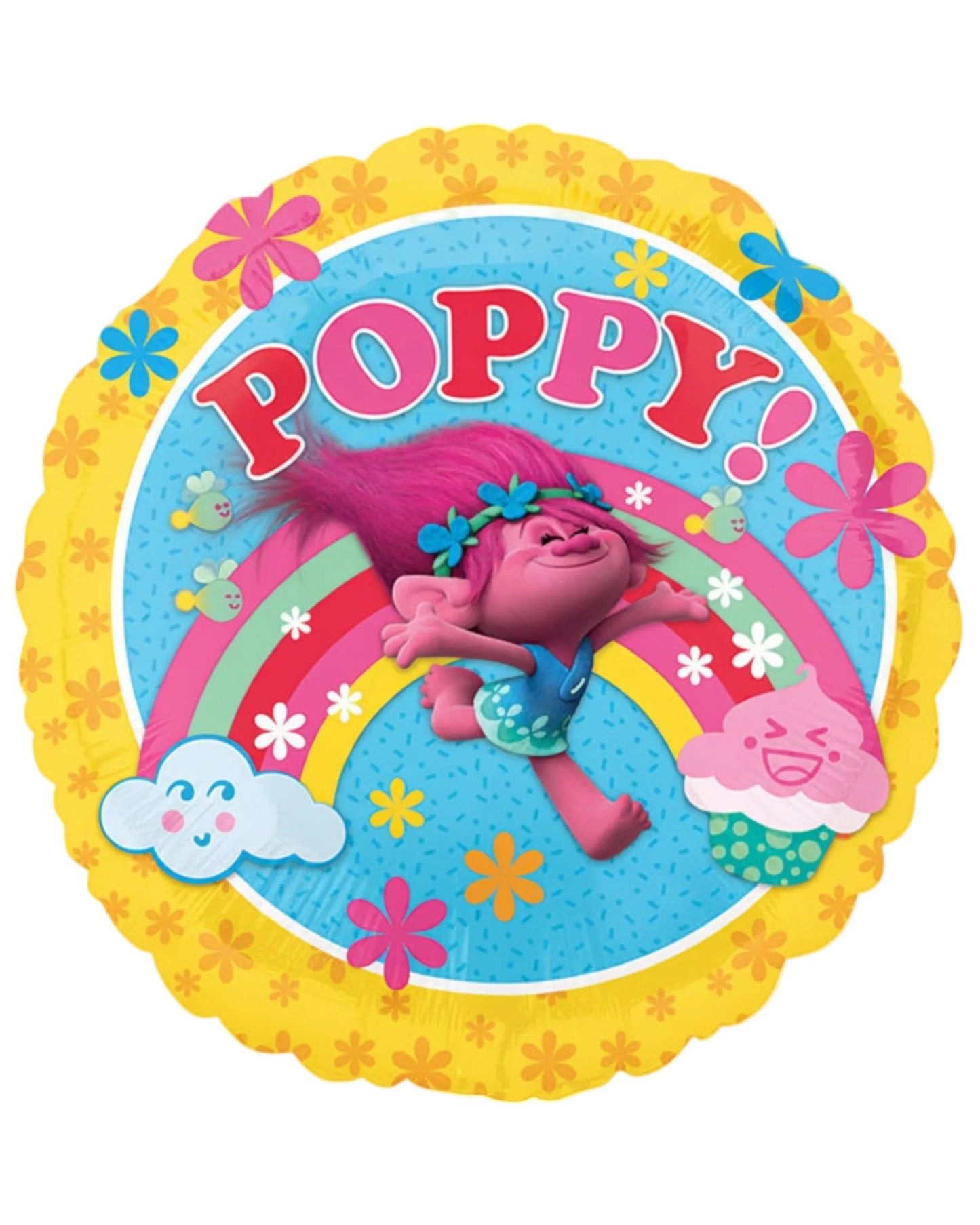 Colorful balloon with a character from Trolls, featuring the word 'Poppy' and a rainbow.
