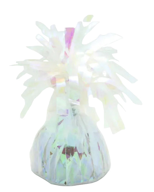Iridescent party favor bag with colorful tassel on a light gray background