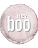 Pink balloon with 'HEY boo' text on a white background