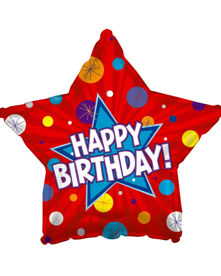A star-shaped foil balloon with a red background, featuring a blue star in the center, colorful confetti dots, and the text 'HAPPY BIRTHDAY!' in white with a blue outline.