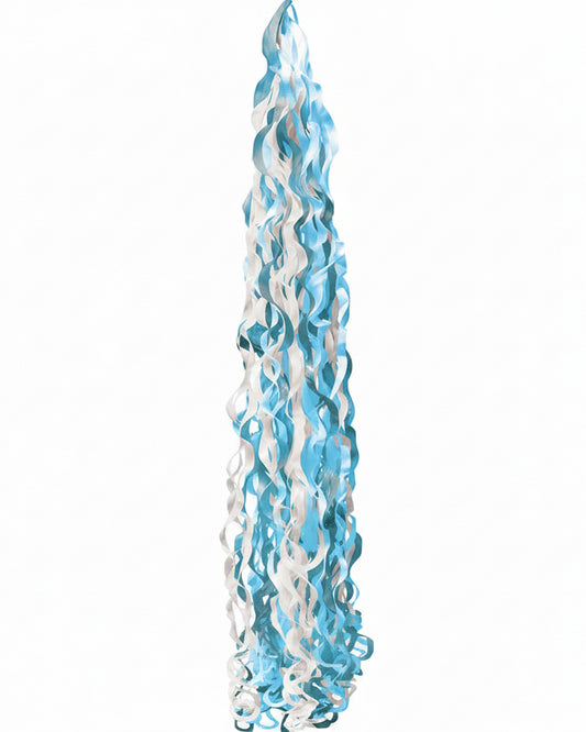 Decorative candle with blue and white swirls on a white background