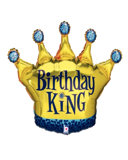 Gold and blue balloon shaped like a crown with 'Birthday King' text on a white background