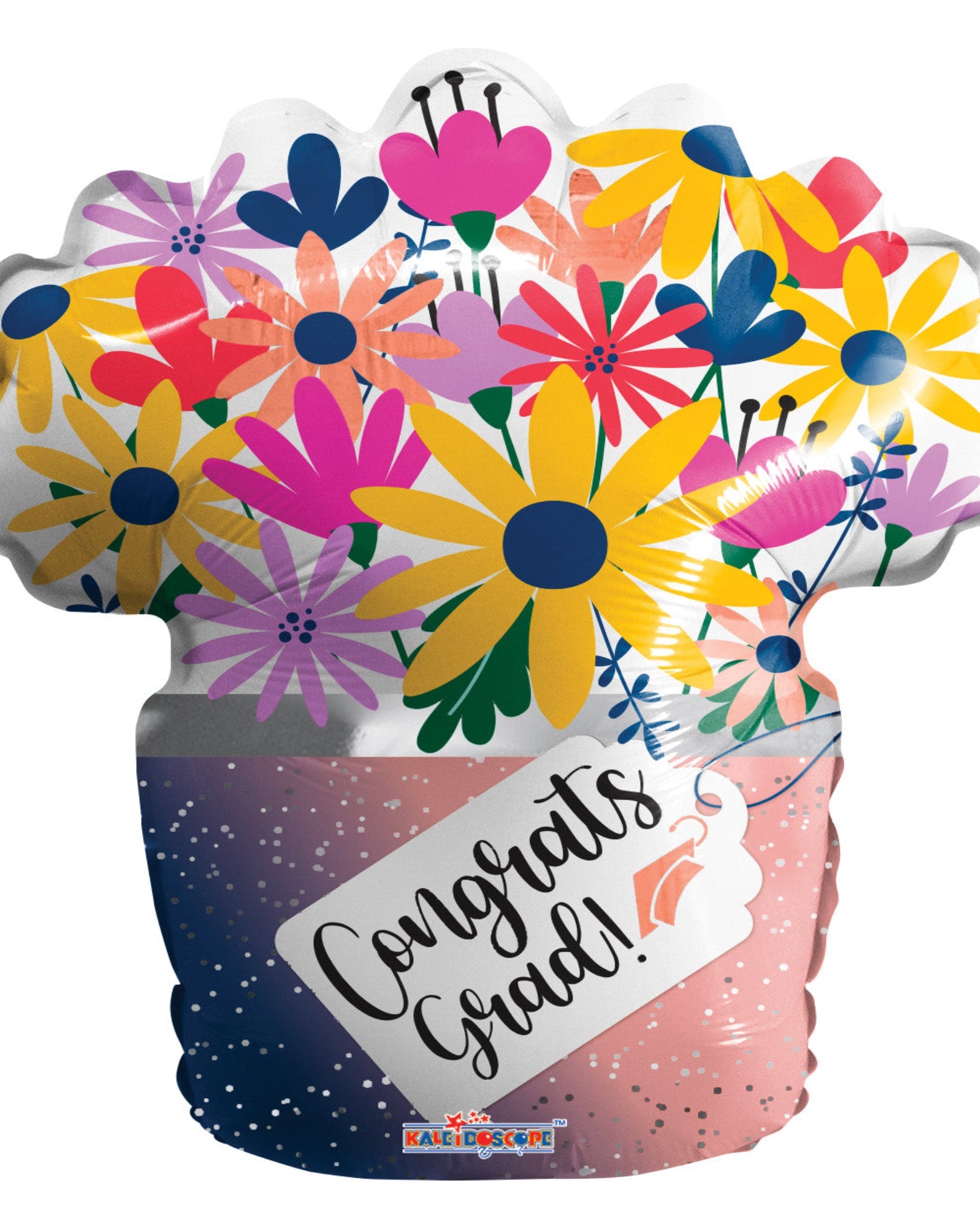 Colorful floral balloon with 'Congrats Grad!' message on a white background
