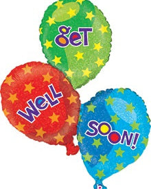 Three colorful balloons with text 'Well', 'Soon!', and '8 & 9' on a white background