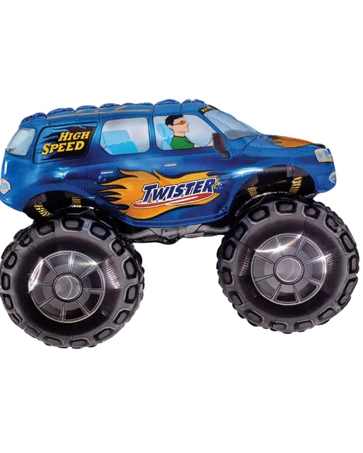 Toy monster truck with large wheels and colorful design on a white background