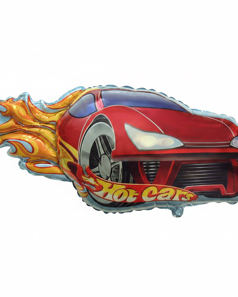 Red car-shaped balloon with flames on a white background