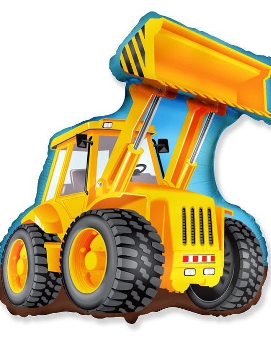 Toy bulldozer with a blue and yellow color scheme on a white background