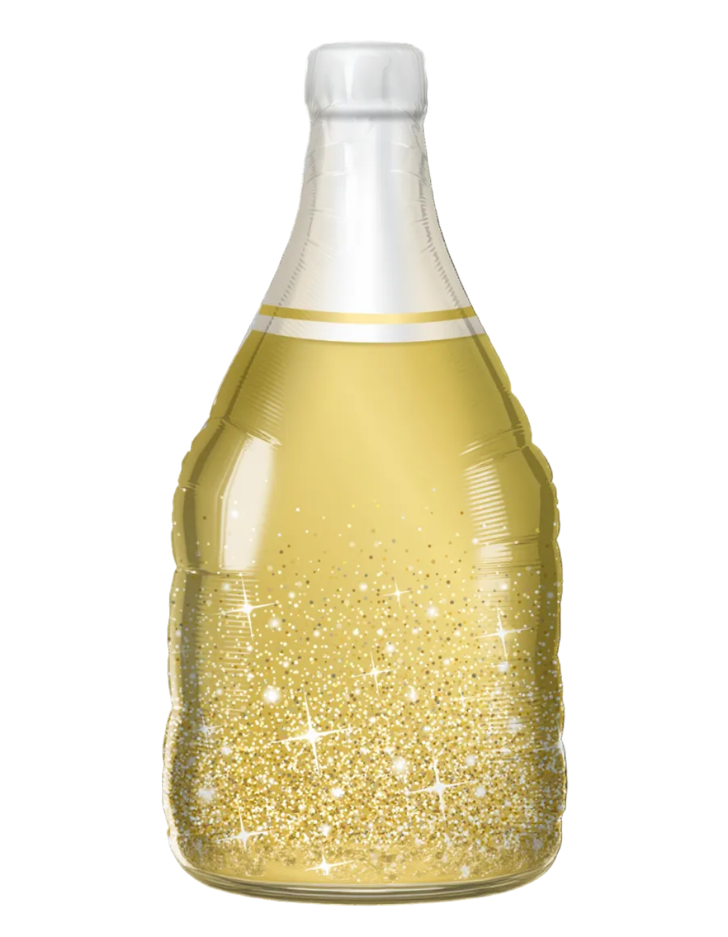 Decorative bottle-shaped balloon with gold glitter and white cap on a white background