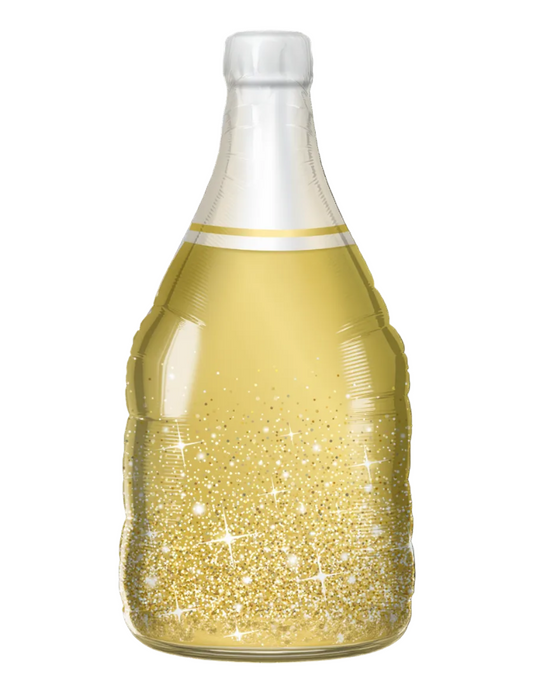 Decorative bottle-shaped balloon with gold glitter and white cap on a white background