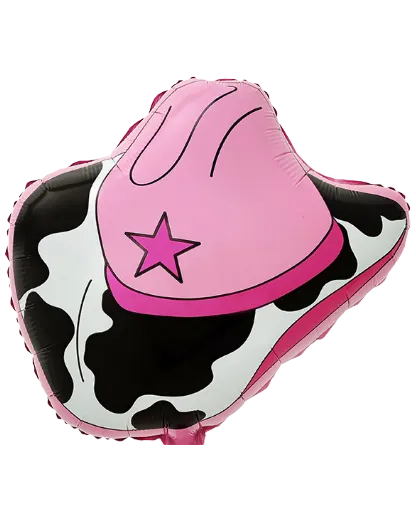 Heart-shaped balloon with pink cowboy hat and cow print, featuring a pink star.