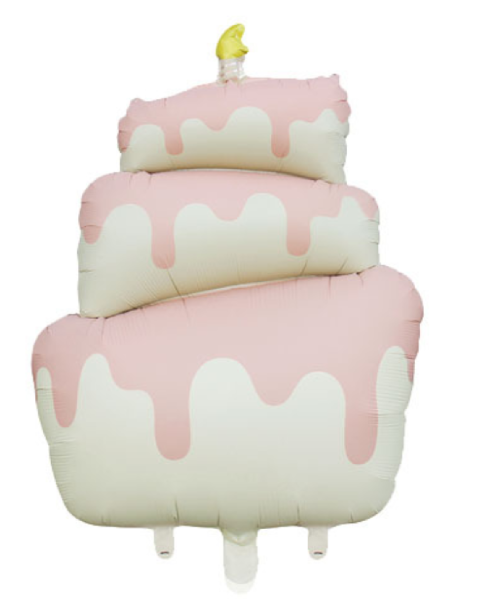 Pink and white cake-shaped pillow with a small yellow candle on a white background