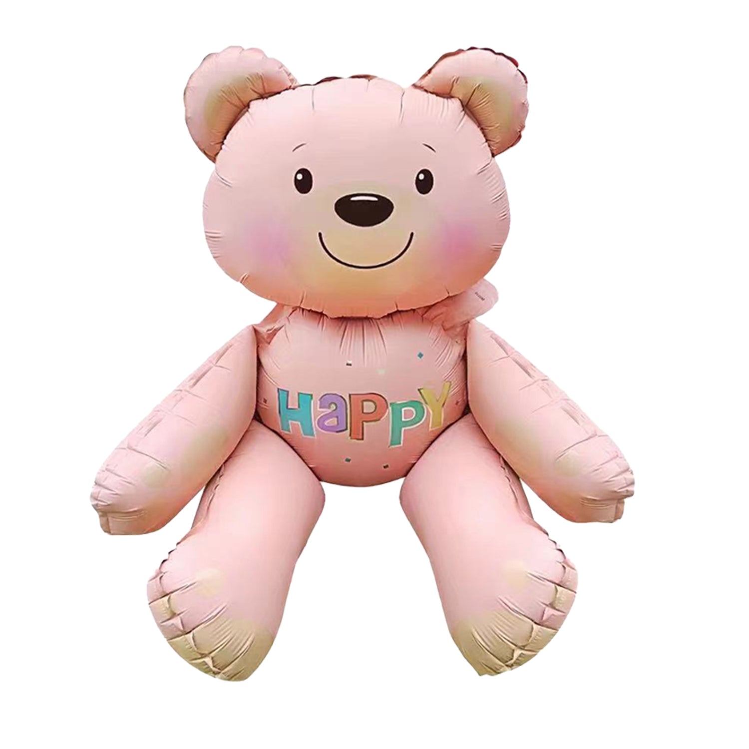 Pink bear-shaped balloon with 'Happy' text on a white background