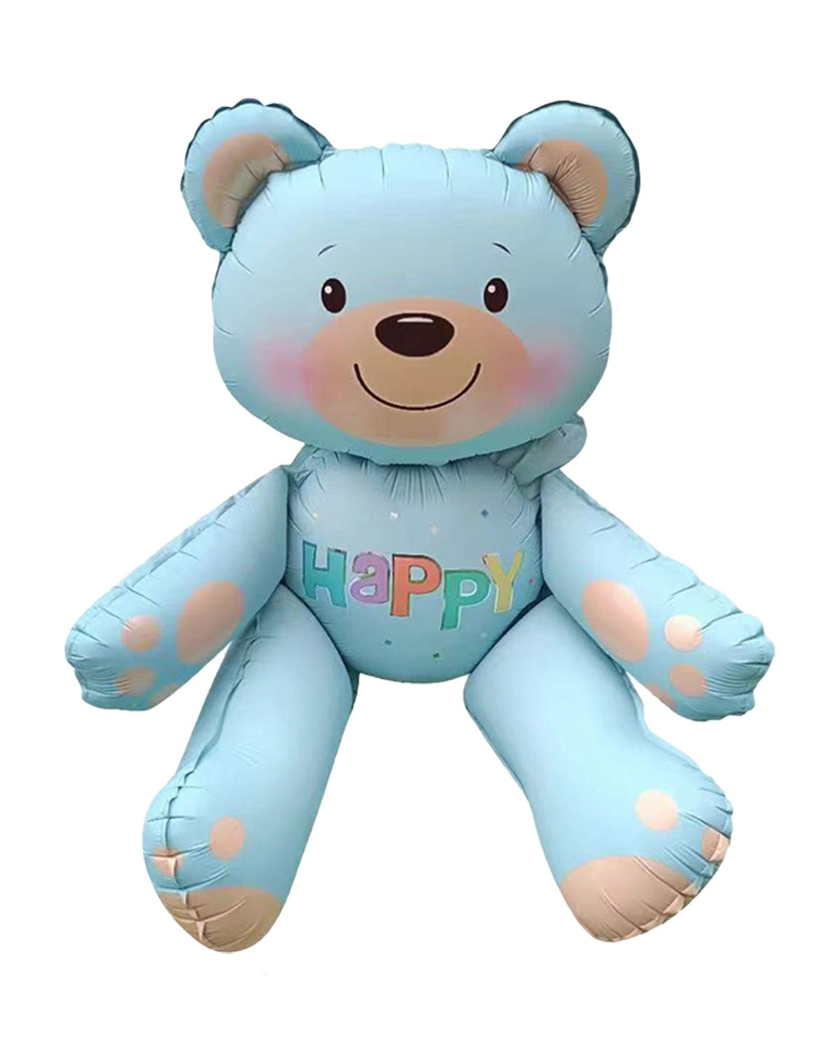 Blue teddy bear plush toy with 'Happy' text on a white background