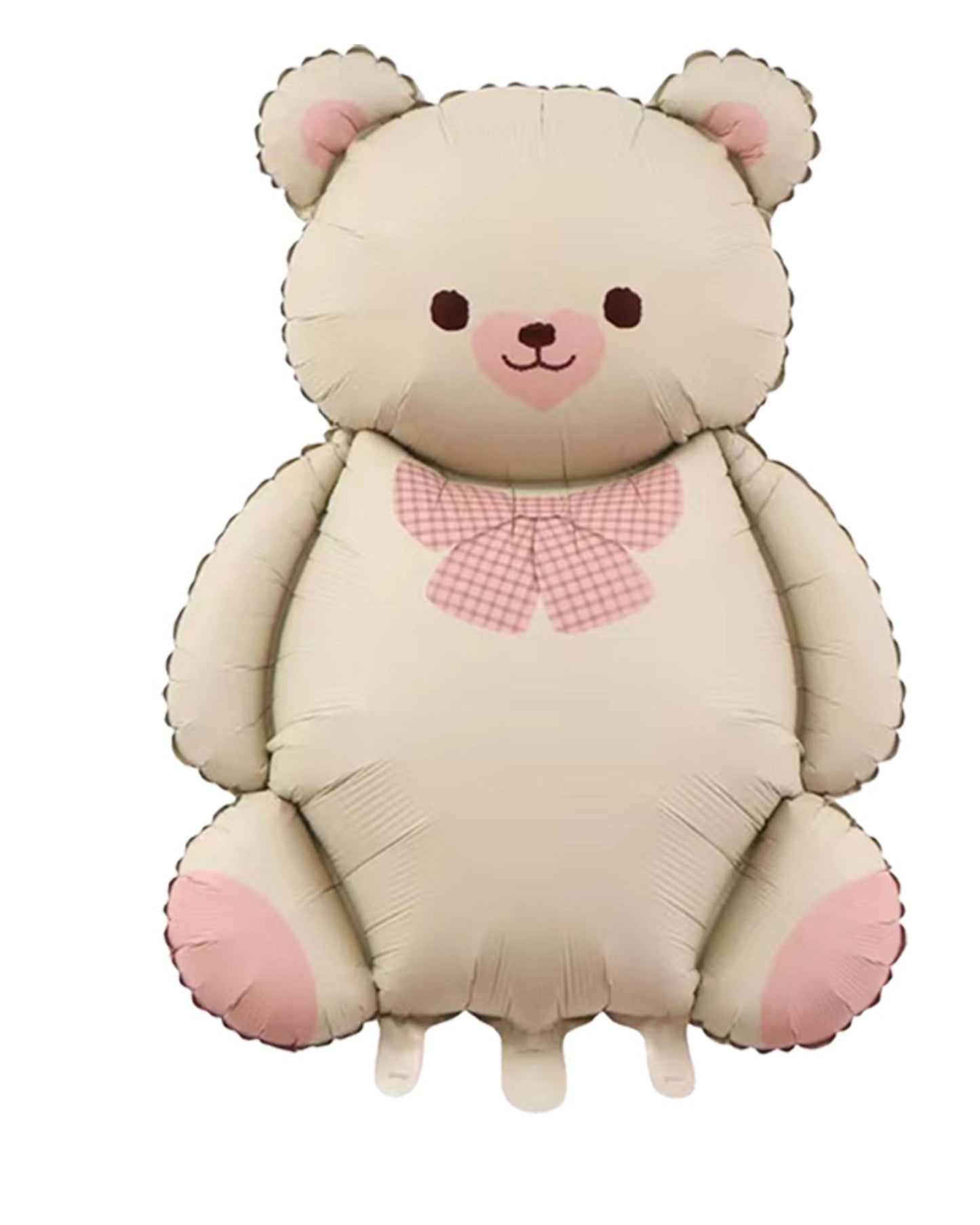 Balloon shaped like a teddy bear with a pink bow tie on a white background