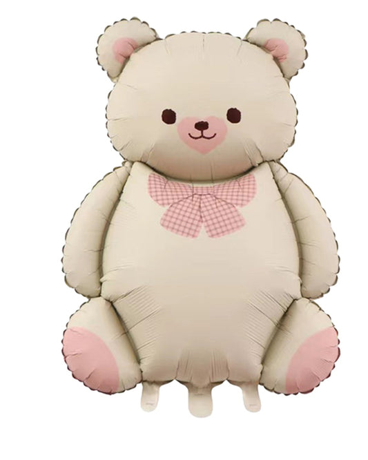 Balloon shaped like a teddy bear with a pink bow tie on a white background
