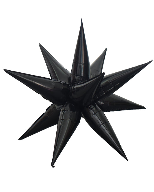 Black inflatable star-shaped object on a white background