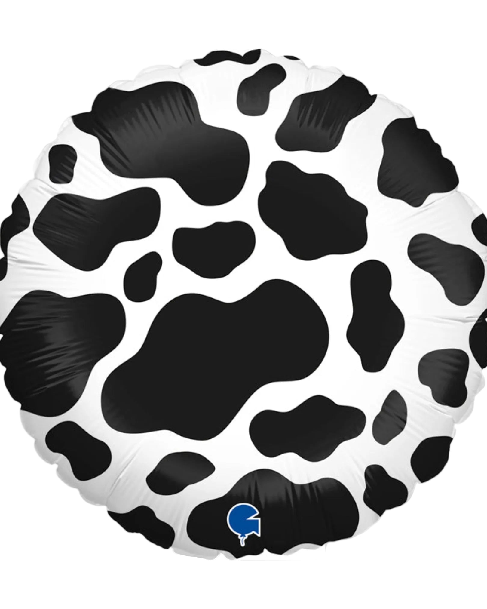 Cow print balloon with a visible brand logo on a white background