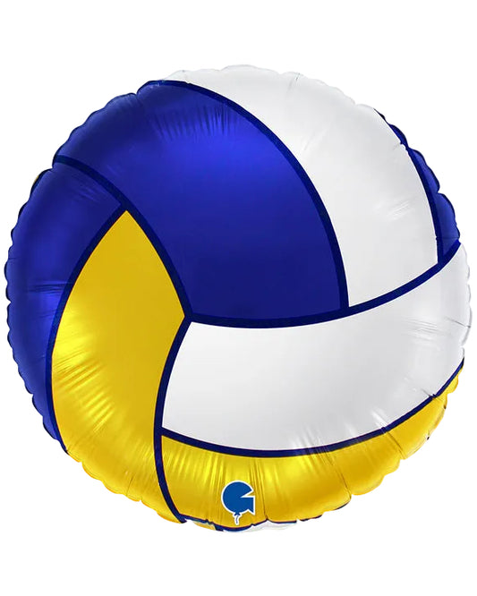Balloon shaped like a volleyball with blue, white, and yellow colors on a white background.