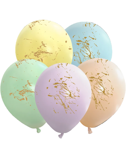 Set of pastel-colored balloons with gold splatter patterns on a white background