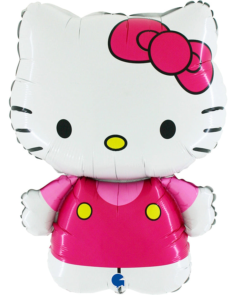 Hello Kitty-shaped balloon with a pink dress and bow on a white background