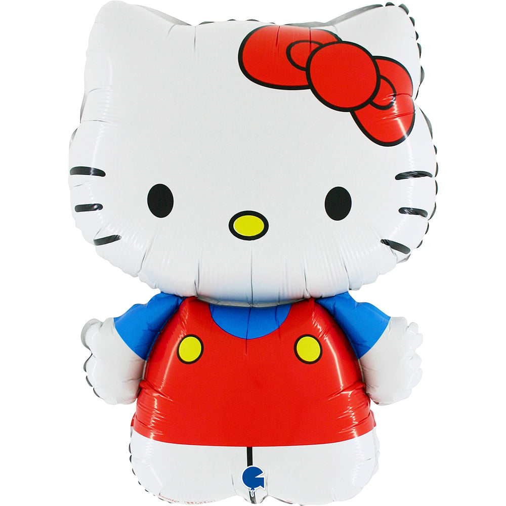 Balloon shaped like a cartoon character with a white face, red dress, and blue shirt on a white background