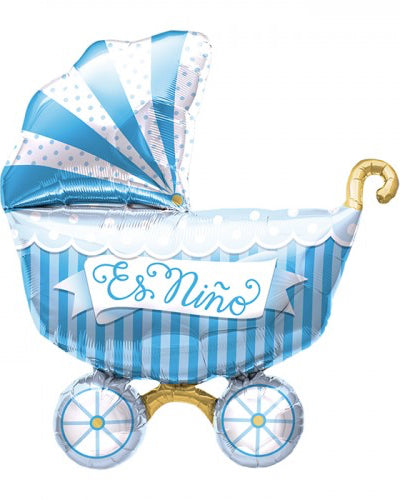 Blue and white striped baby carriage balloon with 'Es Niño' text on a white background