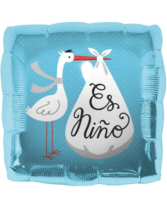 Balloon with stork and 'Es Niño' message on a blue background