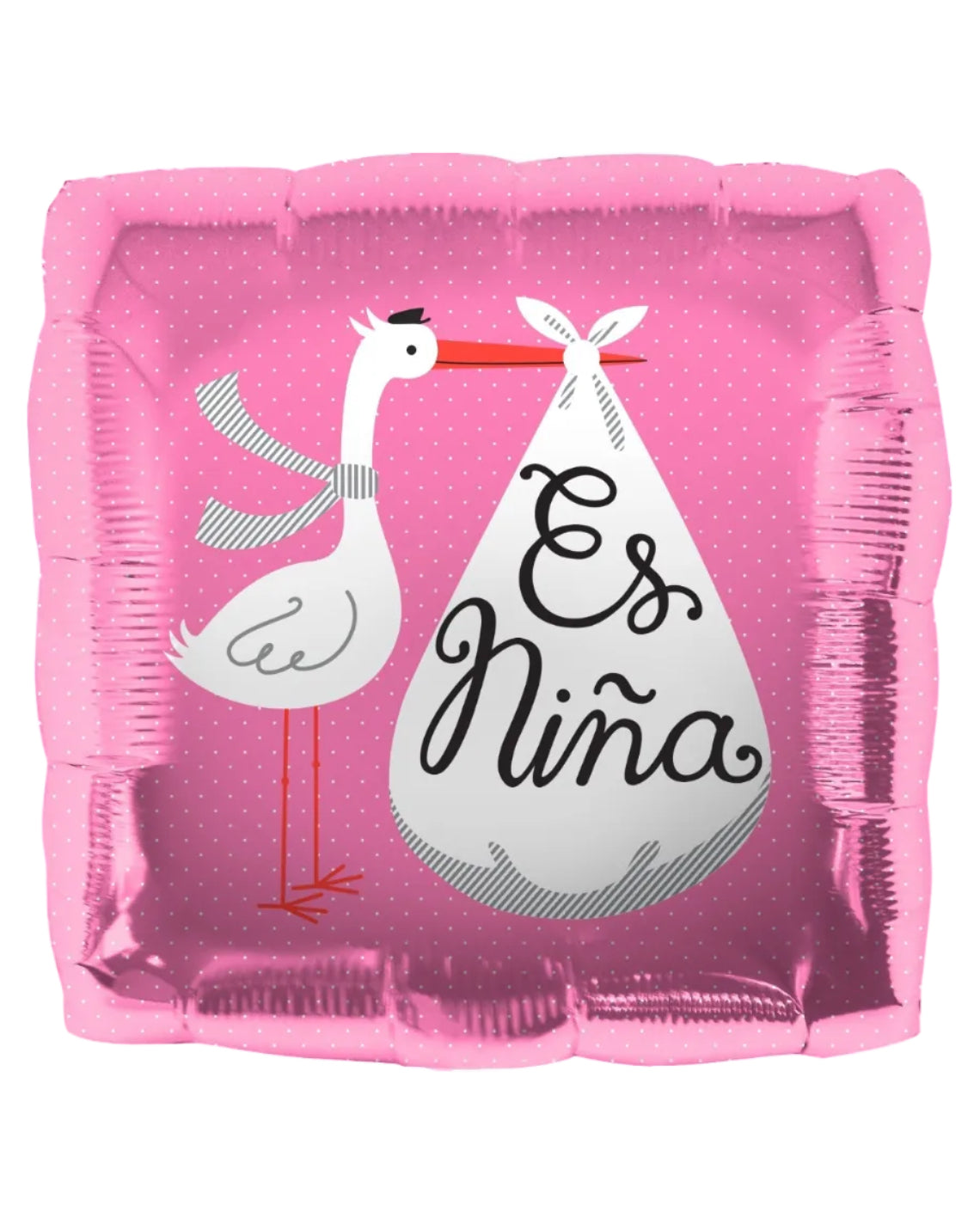 Pink balloon with stork and 'Es Nina' baby shower message on a pink background
