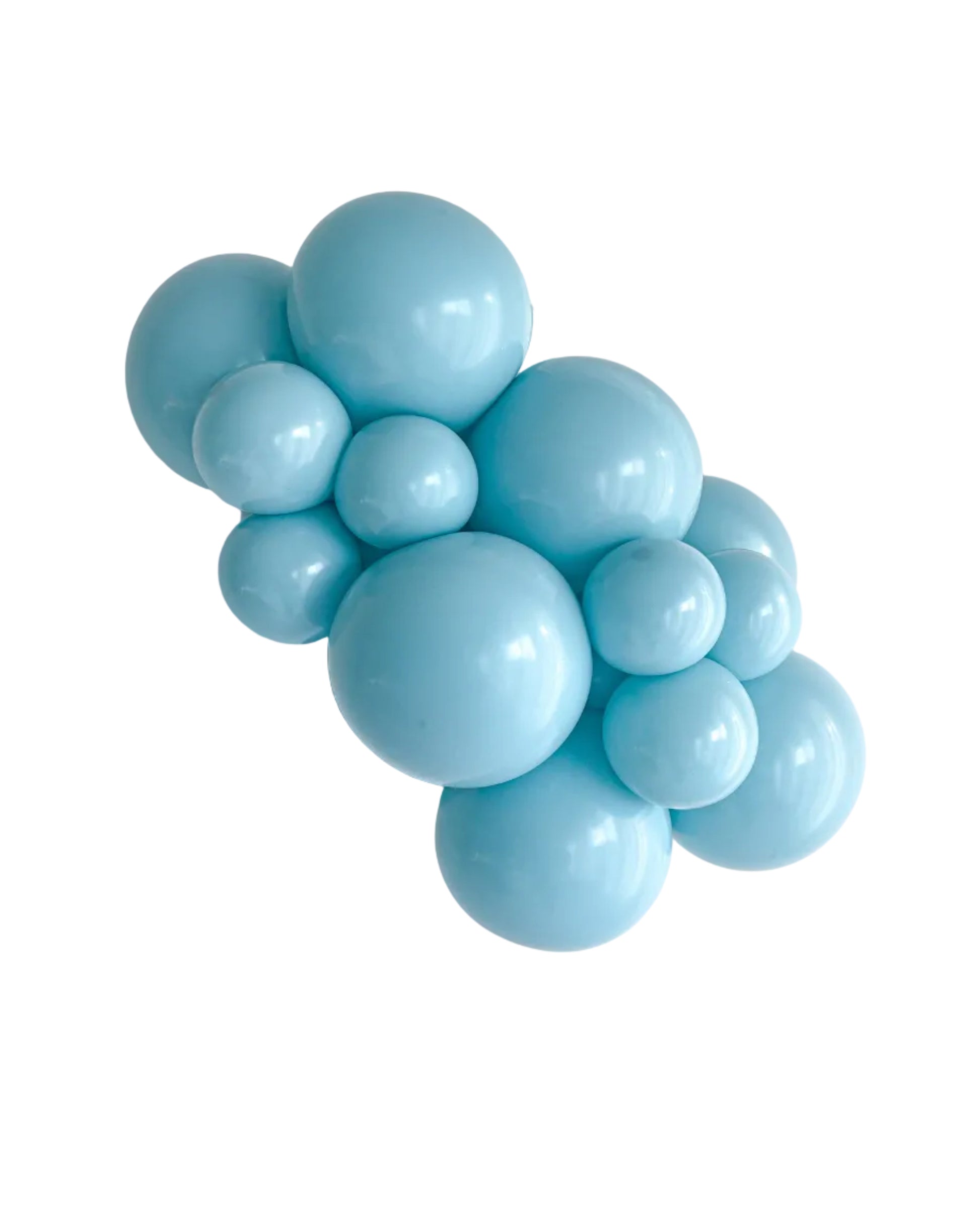 Cluster of light blue balloons on a white background