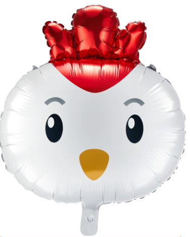 Balloon shaped like a rooster head with red comb on a white background