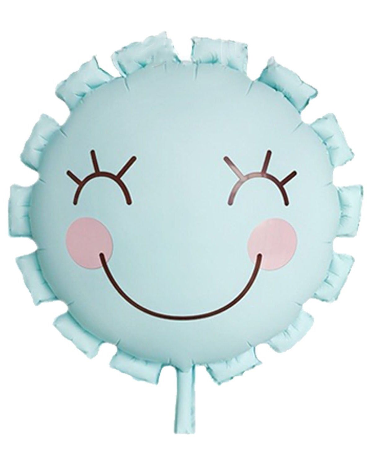 Light blue circular pillow with a smiley face design on a white background